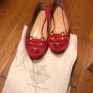 Charlotte Olympia red silk kitty bejeweled flats